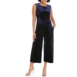 TAHARI ASL Pant Jumpsuit Wide Leg Cropped Navy Blue Velvet Side Tie Size 10 J18